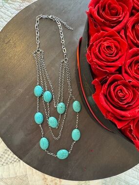 Boho Layered Turquoise Statement Necklace Multi Strand Silver Tone